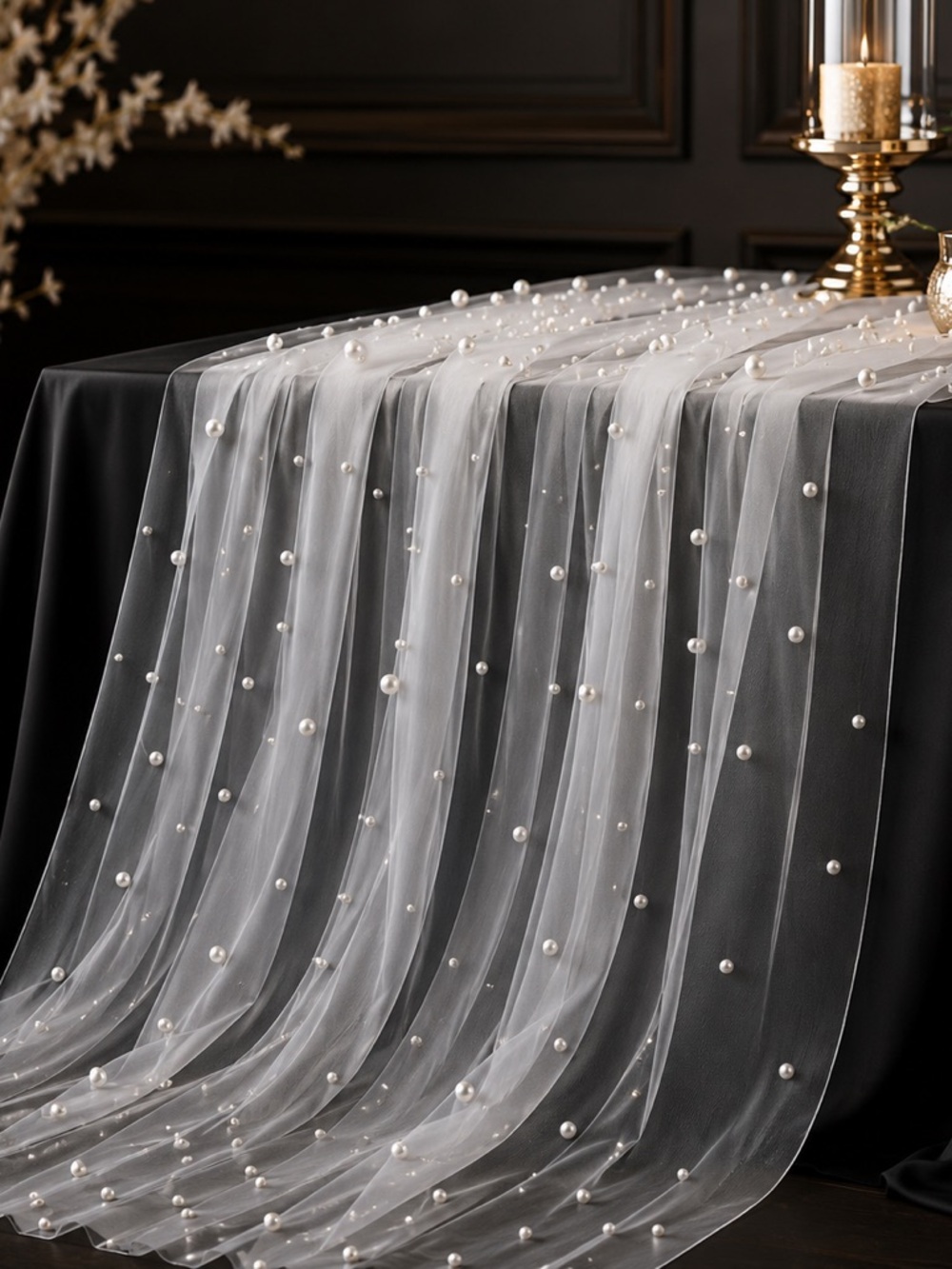 Pearl-Embellished Sheer Tulle Table Runner NWT